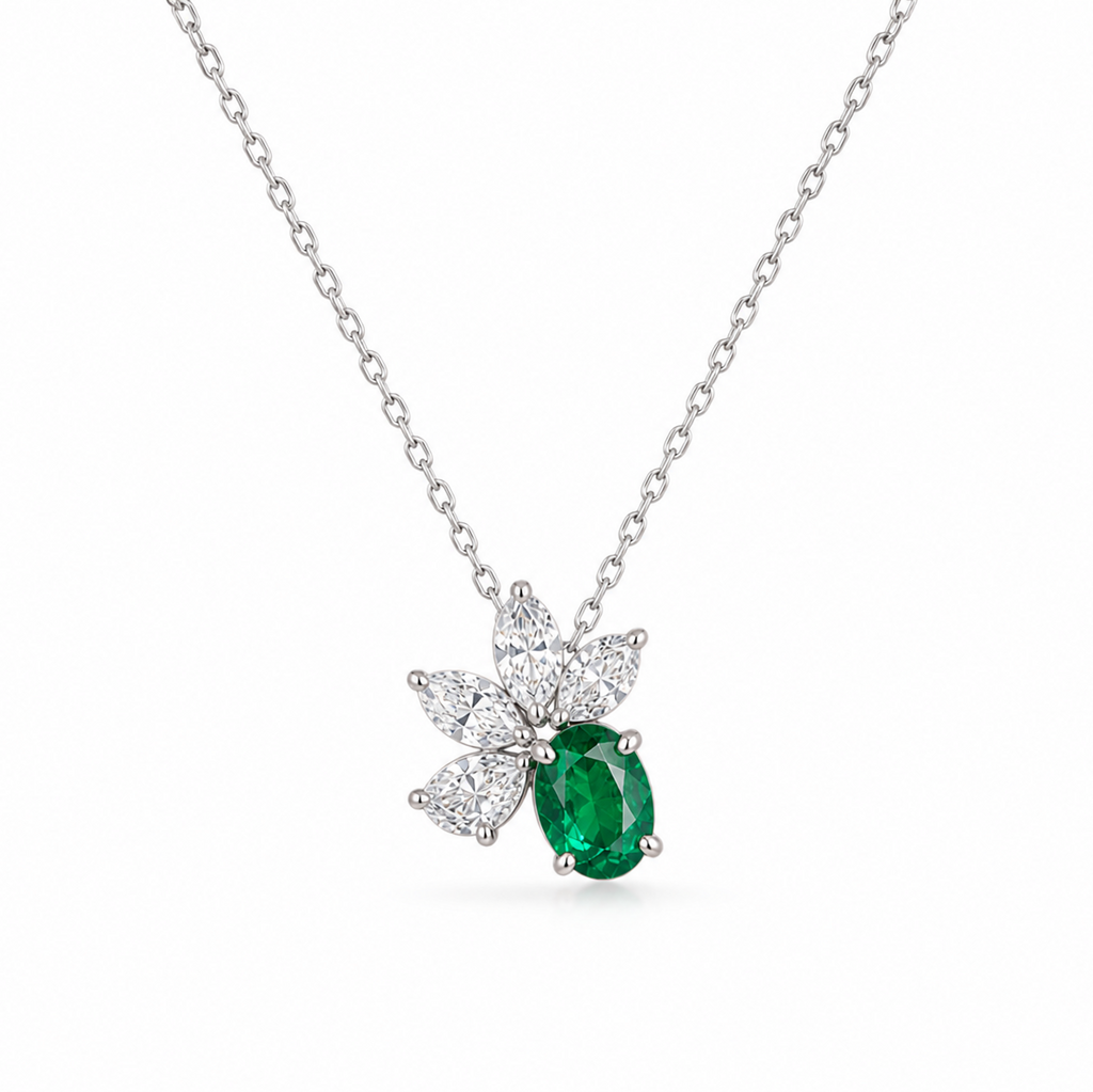 Collier en or gris 18 carats, émeraude de Zambie et diamants