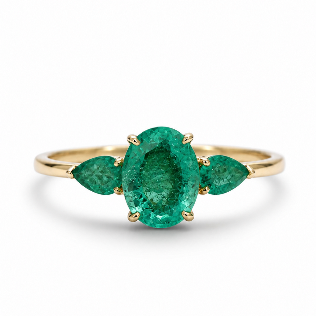 Bague en or jaune 18 carats,  Émeraude ovale & épaules poire